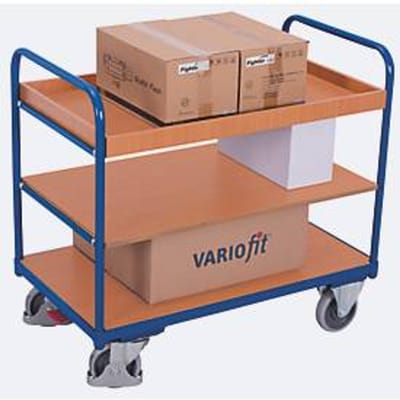 Etagewagen, staal/MDF-plaat, decor gentiaanblauw/beuken, 3 etages, 1000 x 700 mm, EasySTOP, tot 250 kg