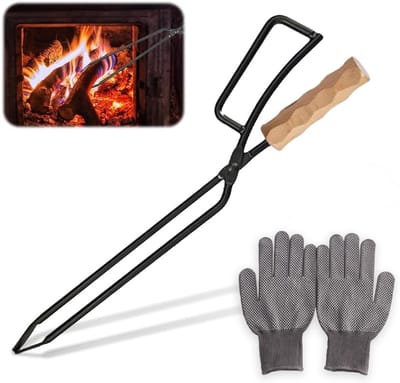 Famanu – Zwarte zware belasting haardhouttang - universale lange brandhouttang - outdoor kolentang - anti-verbranding vuurhouttang voor kampvuren en kachels met paar handschoenen 40,5 cm