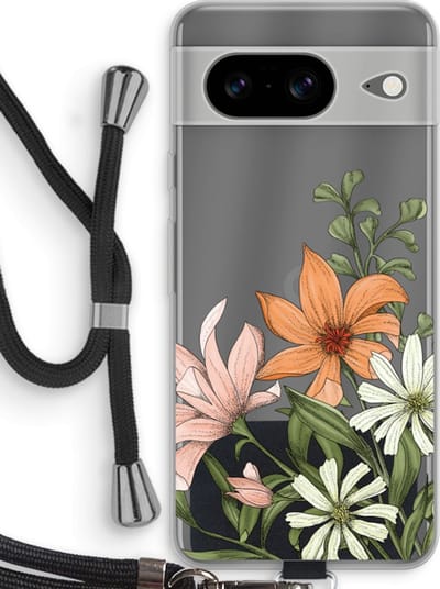 Case Company® - Hoesje met koord geschikt voor Google Pixel 8 hoesje met Koord - Floral bouquet - Telefoonhoesje met Zwart Koord - Bescherming aan alle Kanten en Over de Schermrand