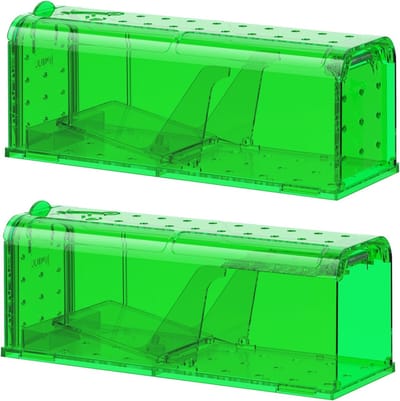 Famanu – 2-delige herbruikbare muizenvallen voor binnen en buiten met aasdoos en luchtgaten - levende muizenvallen - huisdiervriendelijke kooi voor het vangen van kleine ratten - groen