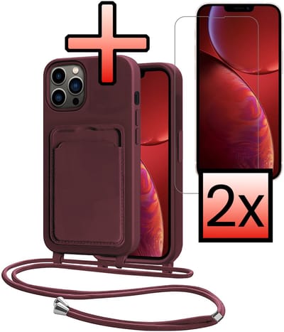 Hoes Geschikt voor iPhone 13 Pro Hoesje Pasjeshouder Cover Met Koord Case Siliconen Hoes Met Telefoonkoord en Kaarthouder Met 2x Screenprotector - Aubergine