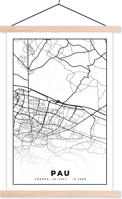 Posterhanger incl. Poster 40x60 cm - Schoolplaat - Kaart - Stadskaart - Pau - Frankrijk - Plattegrond - Zwart wit - Textielposter - Blanke latten - Stadskaart