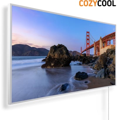 Infraroodpaneel met afbeelding | Golden Gate Bridge Marshall's Beach San Francisco | 1200 Watt | Witte lijst | Infrarood verwarmingspaneel | Infrarood paneel | Infrarood verwarming