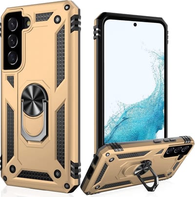 Casemania Hoesje Geschikt voor Samsung Galaxy S22 Goud - Anti-Shock Hybrid Armor Back Cover - Hoes met Kickstand Ring