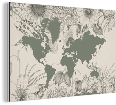 Aluminium schilderij 150x100 cm - Wanddecoratie metaal - Wereldkaart - Grijs - Bloemen - Metalen muurdecoratie woonkamer - Decoratie industrieel - Foto op dibond - Industriële accessoires slaapkamer