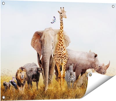 Gards Tuinposter Afrikaanse Dieren op het Gras - Afrika - 80x60 cm - Tuindoek - Tuindecoratie - Wanddecoratie buiten - Tuinschilderij