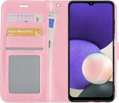 Hoes - Met Pasjeshouder - Geschikt voor Samsung Galaxy A22 4G - Luxe Bookcase Portemonee - Flip Case - Kunstleer Book Case - Flipcase - Book Cover - Walletcase - PortemonneeHoes - Lichtroze