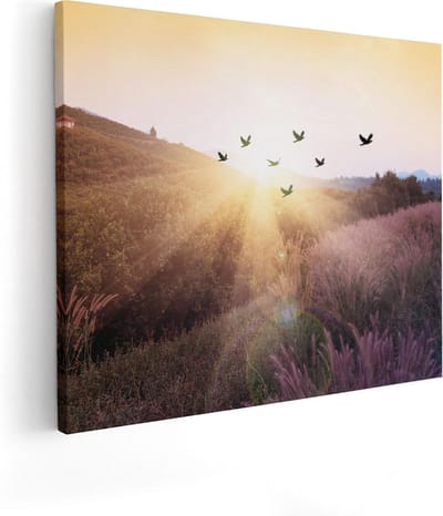 Artaza Canvas Schilderij Vogels Zonsondergang - 100x80 cm - Groot - Wanddecoratie Landschap - Muurdecoratie Natuur - Schilderijen Op Canvas