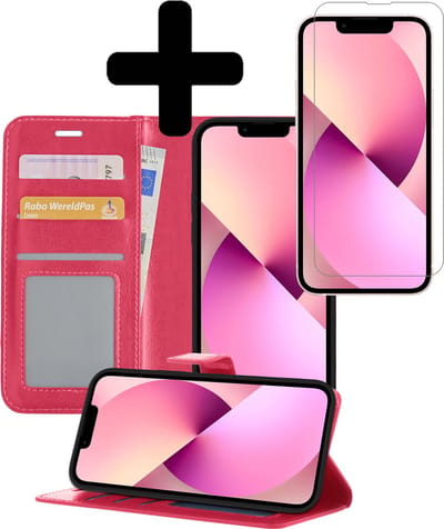 Hoesje - Met Screenprotector - Geschikt voor Apple iPhone 14 - Luxe Pasjeshouder - Bookcase Portemonee - Flip Case - Kunstleer Book Case - Flipcase - Book Cover - Walletcase - Portemonneehoes - Telefoonhoesjes - Donkerroze