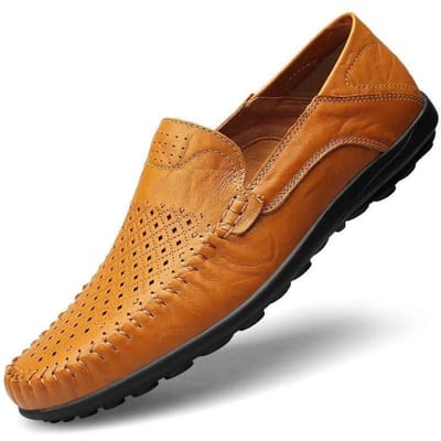 Echte leren mocassins voor heren, zachte onderkant, zomer, ademend, holle loafers, Britse zakelijke casual leren schoenen, handgestikt 43 lichtbruine kleur
