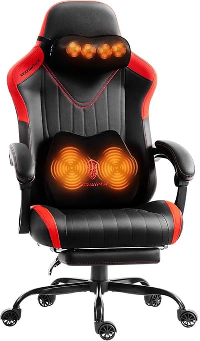 Dowinx Gaming Stoel - Gamestoel met Massage en Verwarming - Ergonomische Bureaustoel - Verstelbaar met Voetsteun - Pocketvering - Kunstleer - Zwart-rood