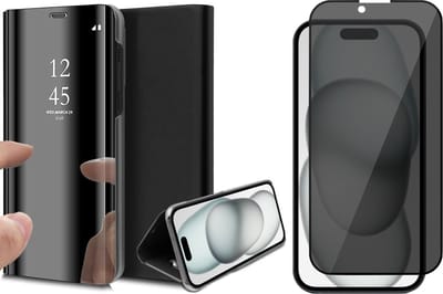 Hoesje geschikt voor iPhone 15 - Privacy Screen Protector FullGuard - Book Case Spiegel Zwart & Screenprotector