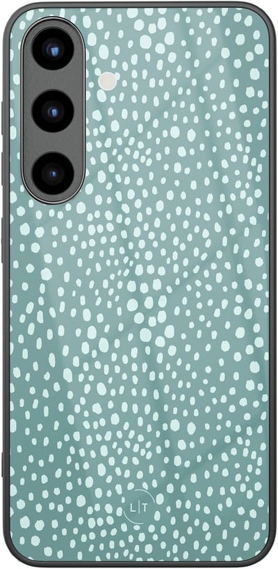 Hoesje geschikt voor Samsung Galaxy S25 - Blue dots - Luxe Glazen Hardcase - Gestipt - Blauw