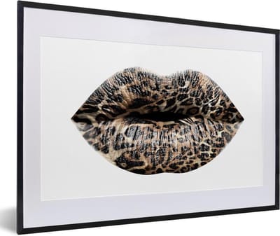 Fotolijst incl. Poster - Lippen - Tijgerprint - Wit - 60x40 cm - Posterlijst