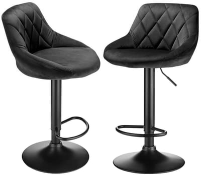 DIMICO - Barkruk - Barstoel Fluweel - Barkrukken Set van 2 - Rugleuning - Zwart - Verstelbaar 63-83 cm - Antislip Voet - Voetsteun