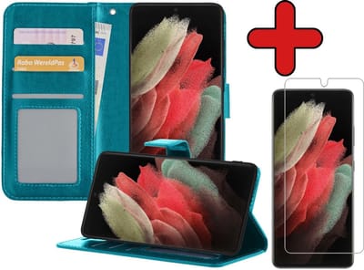 Hoesje - Met Screenprotector - Geschikt voor Samsung Galaxy S21 Ultra - Luxe Pasjeshouder - Flipcase - Bookcase Portemonee - Flip Case - Kunstleer Book Case - Book Cover - Walletcase - Portemonneehoes - Telefoonhoes - Turquoise
