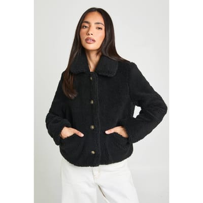 boohoo Dames Korte jas met bontkraag | Zwart | Maat: 36