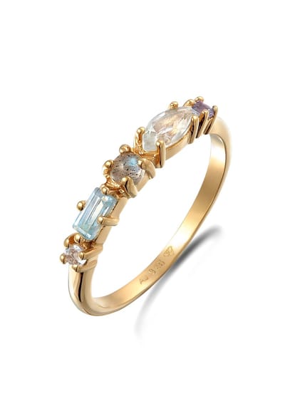 Elli PREMIUM - Ring - Dames klassiek memoire met topaas, maansteen en amethist in 925 sterling zilver verguld - Dames