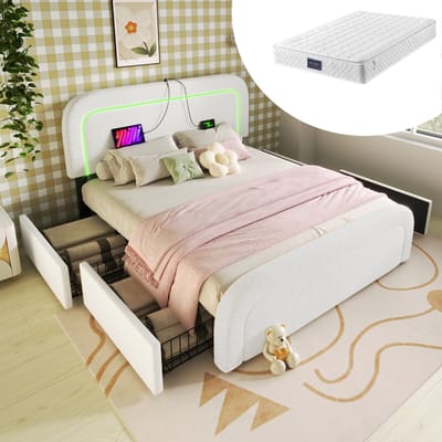 OKWISH Gestoffeerd Bed 140x200 cm - Bed Met Matras + Opbergruimte + LED Verlichting - USB Type C Oplaadfunctie Voor Slaapkamer - Sherpa - Wit