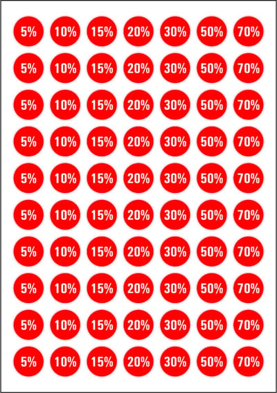 Korting stickers diverse percentages op vel - 70 stuks