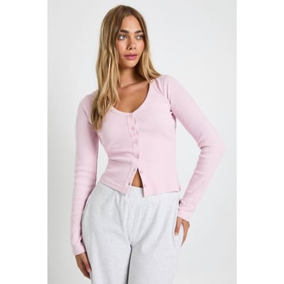 boohoo Dames Geribbelde top met knoopdoorhaling, V-hals en lange mouwen | Roze | Maat: 40
