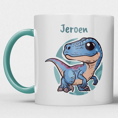 kindermok/kinderbeker | gepersonaliseerd met naam | met dino/dinosaurus/t-rex | zeegroen blauw | Schattige illustraties