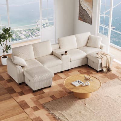 MODENUIT U-bank 315 x 135 cm - Met Opberghockers, Laadpunten en Tafel - Voor Woonkamer - Corduroy - Beige