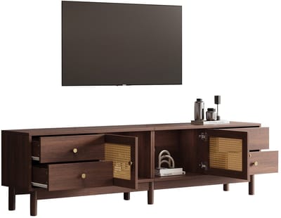 Merax TV-meubel 180 cm – Modern design in donkere houtlook met rattan deuren - 4 lades en kabelmanagement – Geschikt voor TV’s tot 80 inch