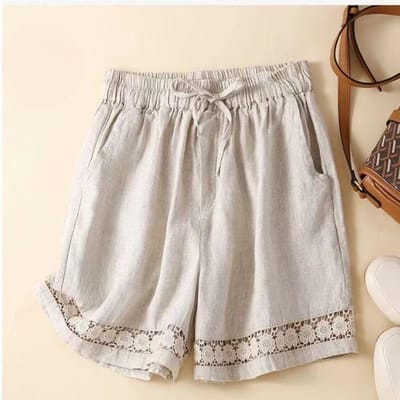 Zomer Dunne Veelzijdige Shorts voor Dames Retro Hol Kant Elastische Taille Casual Broek Los Veelzijdig Wijde Pijpen Broek XXL gray