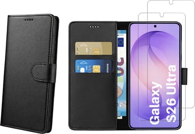 Hoesje Portemonnee geschikt voor Samsung Galaxy S26 Ultra Zwarte portemonnee met magnetische klep en kaartopslag en 2 stuks Screenprotector Gehard Glas