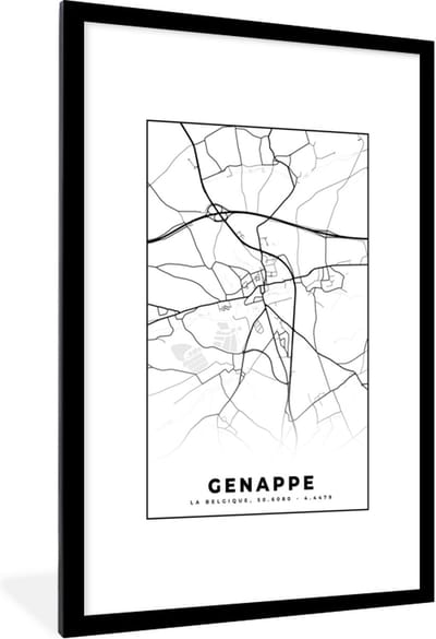 Fotolijst incl. Poster Zwart Wit- Stadskaart – Plattegrond – België – Zwart Wit – Genappe – Kaart - 80x120 cm - Posterlijst