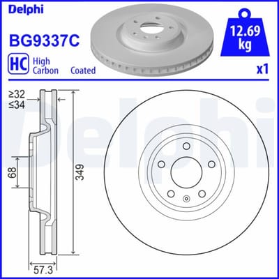 Remschijf DELPHI BG9337C voorkant, geventileerd, sterk gecarboniseerd, 1 Stuk