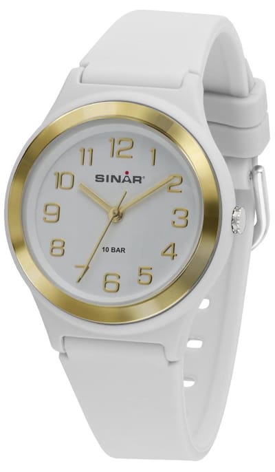 Sinar - Horloge Kind - Kinderhorloge Meisje - Tiener - 10 bar Waterdicht - Analoog - Ø 36 mm - Stevig Siliconen bandje - Verstelbaar (13 - 18,5 cm) - Edelstalen Sluiting - Quartz uurwerk - Wit / Goud - XB-48-0