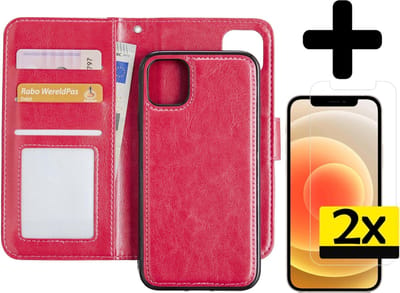 Hoesje - 2 in 1 - Geschikt voor Apple iPhone 12 - Met 2x Screenprotector - En Uitneembare Hard Cover - Bookcase - Wallet Case - Met Pasjeshouder - Book Case - Uitneembaar - Pashouder - Kunstleer - Telefoonhoesjes - Donkerroze