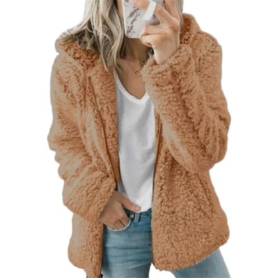 Jassen voor dames Wolbont Pluizige harige jas Fleecejassen Met capuchon Lange mouw Winterwarmer Pluche fleece vest 4XL koffie