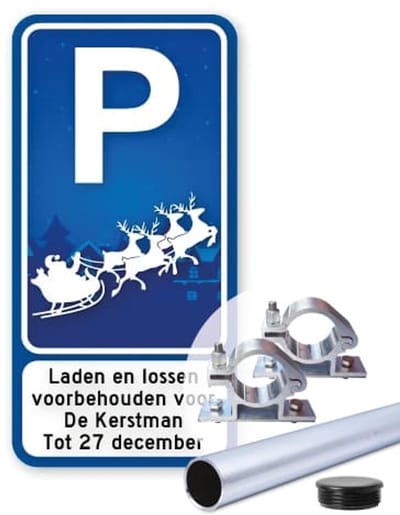Parkeerbord Kerstman - 30x60 cm - Bevestiging: Met paal 150 cm + paalbeugels + paaldop
