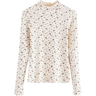 T-shirt van bontwol voor dames, bloemmotief, herfst en winter, nieuw, top met lange mouwen, coltrui, basishemd M white