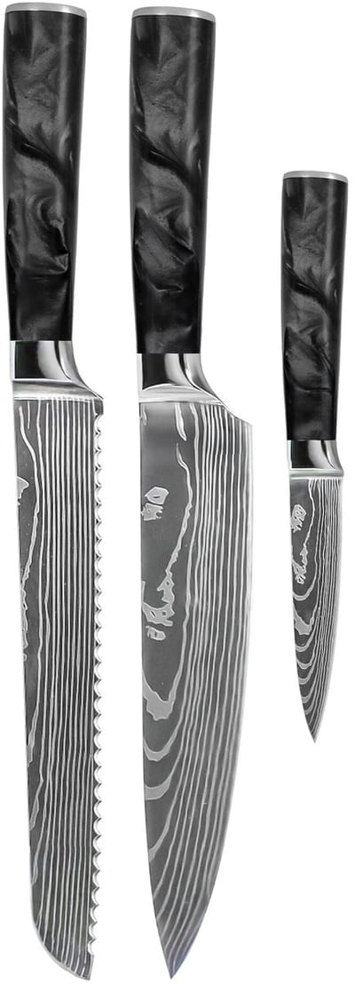 Shinrai Knives - Damascus Print Epoxy Onyx 3-delige Messenset - Koksmes + Broodmes + Schilmes