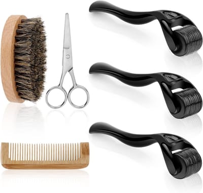 Beard Growth Kit met 6 essentiële verzorgingshulpmiddelen voor mannen, inclusief microneedle roller, borstel en schaar voor snellere baardgroei