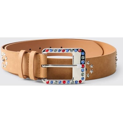 Star Studded & Gemstone Buckle PU Belt | Brown | Size Small