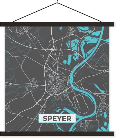 Posterhanger incl. Poster 120x120 cm - Schoolplaat - Stadskaart – Plattegrond – Duitsland – Blauw – Speyer – Kaart - Textielposter - Zwarte latten - Stadskaart