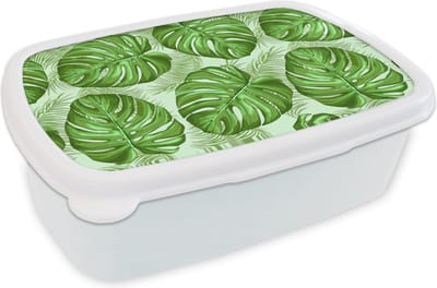 Broodtrommel Wit - Lunchbox - Brooddoos - Monstera - Palmblad - Patronen - 18x12x6 cm - Volwassenen