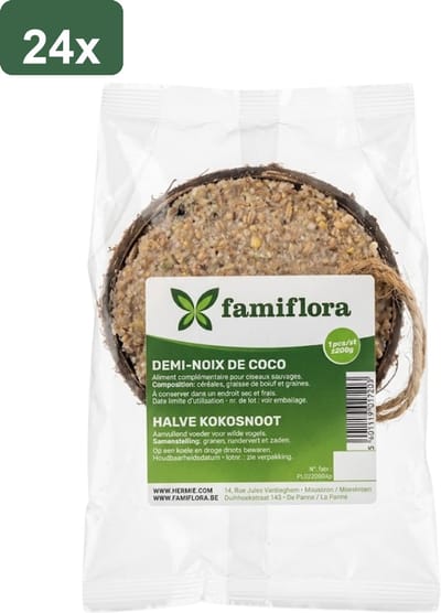 Famiflora Halve Kokosnoot Gevuld - 24 stuks (4.8KG) - Buitenvogels - Zaden & Insecten - +/- 200g per stuk - Voor tuinvogels - 100% Natuurlijke houder - Gevuld met hoogwaardig rundervet