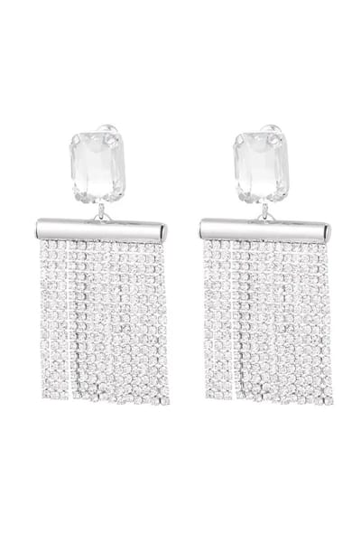 Zilveren Oorbellen Glittergordijn - Met Zilveren Glaskralen - Trendy Feestelijke Dames Statement Oorbellen - Zilver