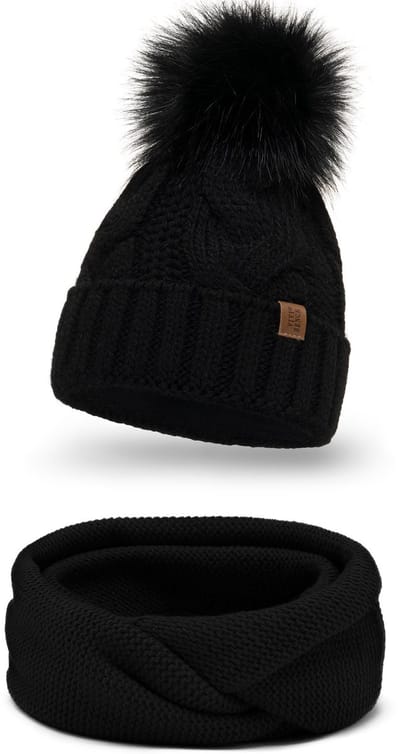 Vivisence Dames Wintermuts En Colsjaal Set - Zachte Acrylbrei Met Fleece Voering En Bont Pompon - Warm Comfortabel En Antistatisch Voor Koude Winterdagen En Perfecte Pasvorm - Zwart