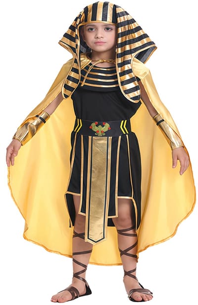 Kostuum Kinderen Farao Zwart-Goud – 7-9 Jaar – Inclusief Jumpsuit, Gewaad, Kraag, Hoofddeksel en Armbanden – Carnaval & Verkleedkleding