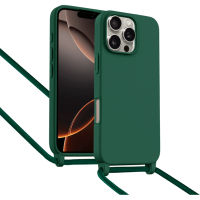 ShieldCase Hoesje met telefoonkoord (donkergroen) geschikt voor iPhone 16 Pro - Case met nekkoord - Slanke cover voor extra bescherming