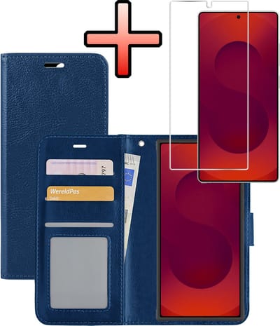 Hoesje - Met Screenprotector - Geschikt voor Samsung Galaxy S25 Ultra - Luxe Pasjeshouder - Bookcase Portemonee - Flip Case - Kunstleer Book Case - Flipcase - Book Cover - Walletcase - Portemonneehoes - Donkerblauw