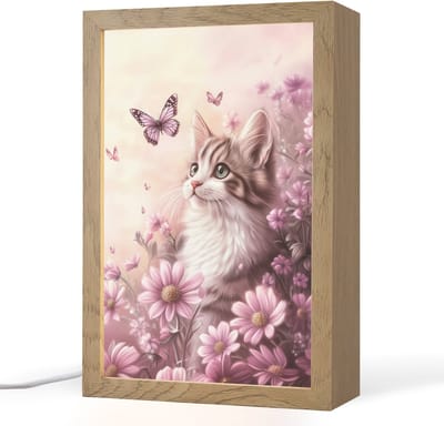 Nachtlampje 20x30 cm - Kinder lampje - Kitten - Bloemen - Vlinders - Paars - Tafellamp kinderkamer - Slaapkamer lamp - Bedlamp kinderen - Kinderlampje stopcontact - Wandlamp babykamer - Nachtlampjes