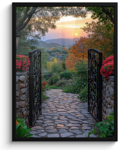 Poster in lijst - Fotolijst 50x70 cm - Posters - Landschap - Hek - Pad - Zonsondergang - Natuur - Posterlijst zwart - Decoratie - Wanddecoratie woonkamer - Muurdecoratie slaapkamer
